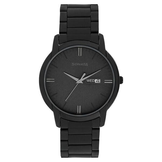 Sonata 77031NM03 Analog Quartz Men Watch with Black Dial, Day-Date & Black Stainless Steel Strap