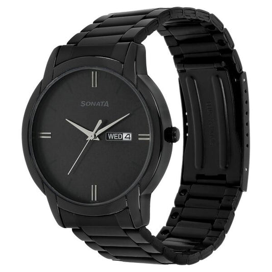 Sonata 77031NM03 Analog Quartz Men Watch with Black Dial, Day-Date & Black Stainless Steel Strap