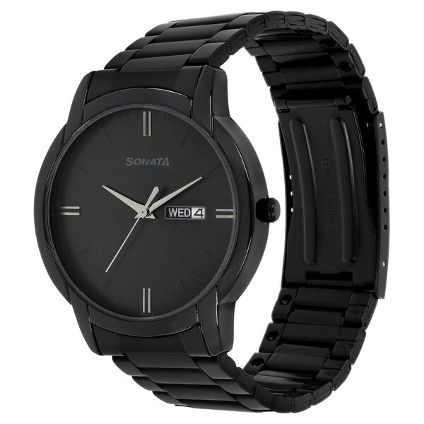 Sonata 77031NM03 Analog Quartz Men Watch with Black Dial, Day-Date & Black Stainless Steel Strap
