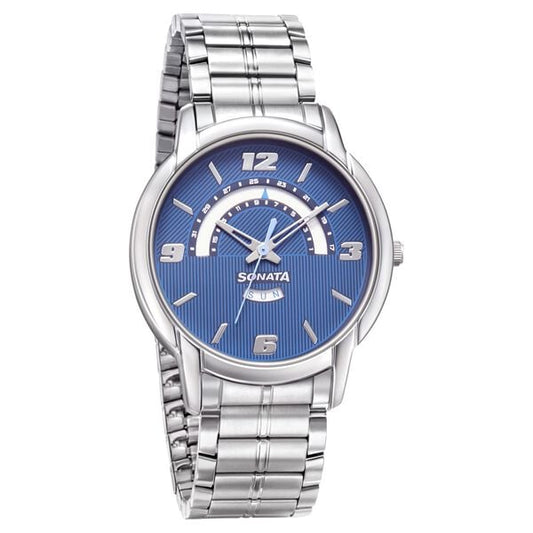 Sonata 77031SM07 Analog Quartz Men Watch with Silver Stainless Steel Strap