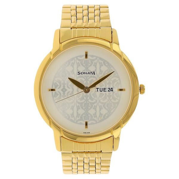 Sonata 77031YM03 Quartz Analog Silver Dial Gold Stainless Steel Strap Watch for Men