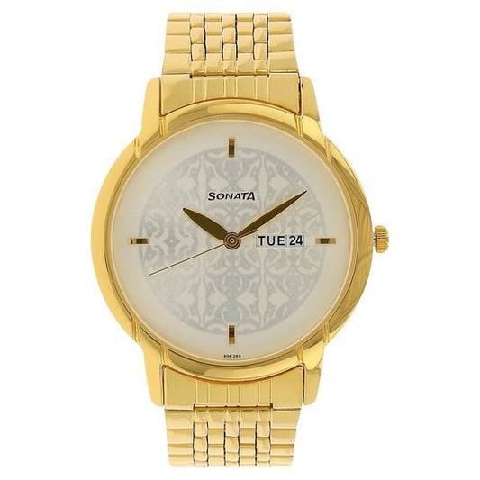 Sonata 77031YM03 Quartz Analog Silver Dial Gold Stainless Steel Strap Watch for Men