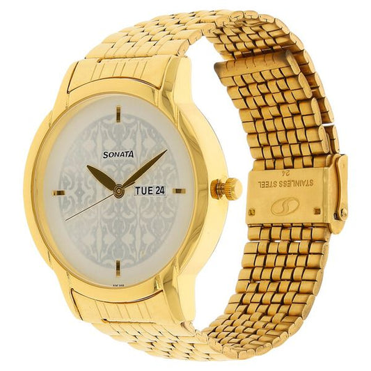 Sonata 77031YM03 Analog Quartz Watch for Men – Silver Dial, Golden Stainless Steel Strap