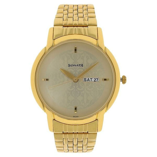 Sonata 77031YM04 Quartz Analog Champagne Dial Men’s Watch with Gold Stainless Steel Strap