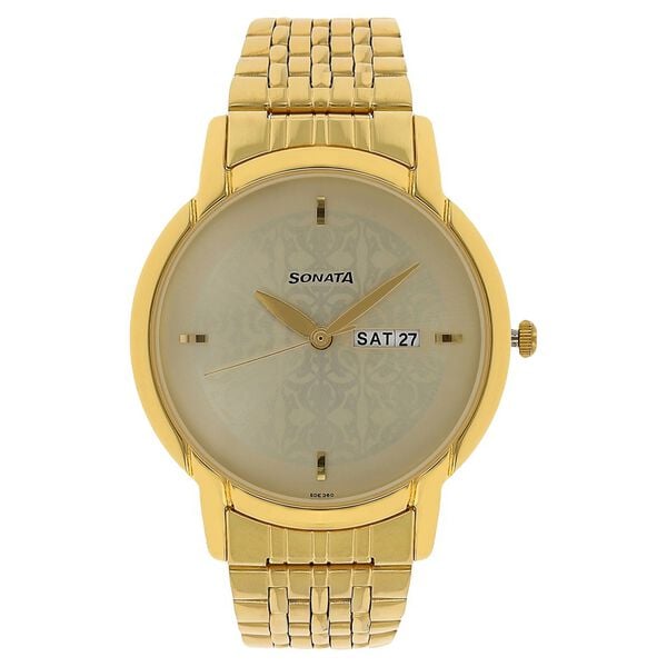Sonata 77031YM04 Quartz Analog Day & Date Champagne Dial Stainless Steel Men’s Watch