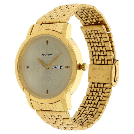 Sonata 77031YM04 Men Quartz Champagne Dial Stainless Steel Day-Date Watch