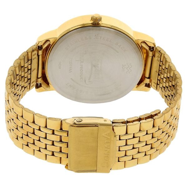 Sonata 77031YM04 Quartz Analog Champagne Dial Men’s Watch with Gold Stainless Steel Strap