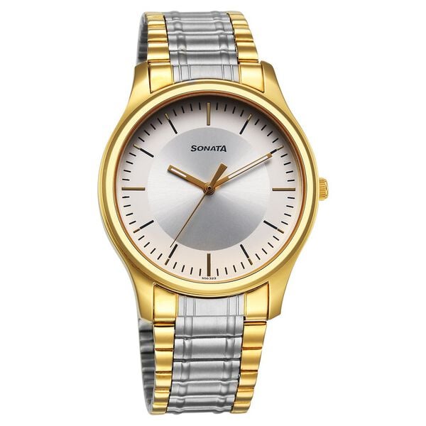 Sonata 77082BM01 Quartz Analog Silver Dial Two-Tone Stainless Steel Strap Watch for Men
