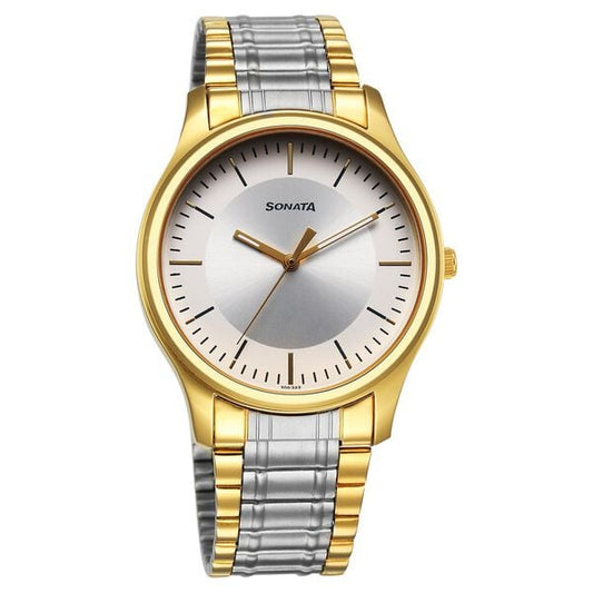 Sonata 77082BM01 Quartz Analog Silver Dial Two-Tone Stainless Steel Strap Watch for Men