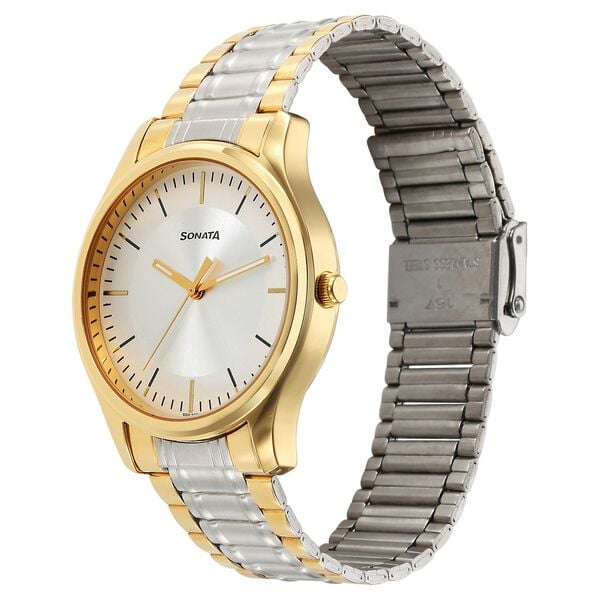 Sonata 77082BM01 Quartz Analog Silver Dial Two-Tone Stainless Steel Strap Watch for Men