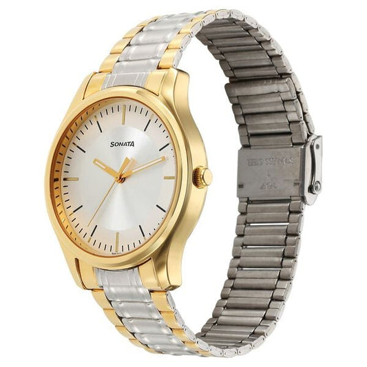 Sonata 77082BM01 Quartz Analog Silver Dial Two-Tone Stainless Steel Strap Watch for Men