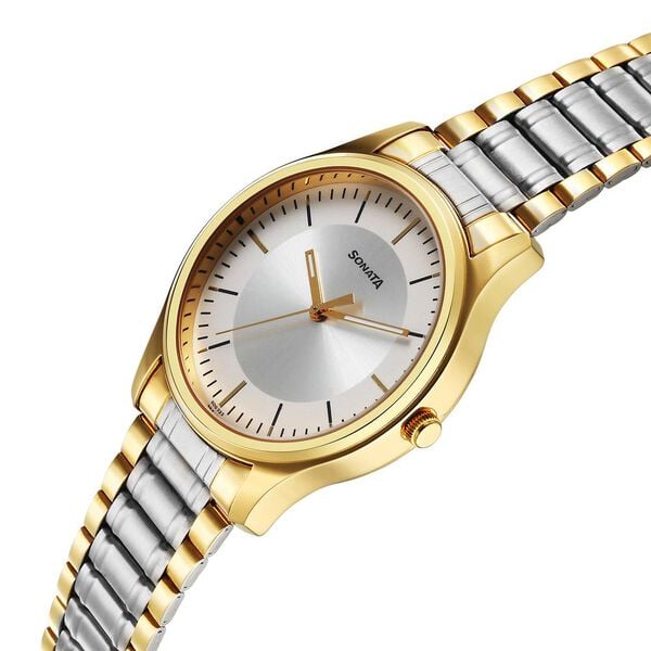 Sonata 77082BM01 Quartz Analog Silver Dial Two-Tone Stainless Steel Strap Watch for Men
