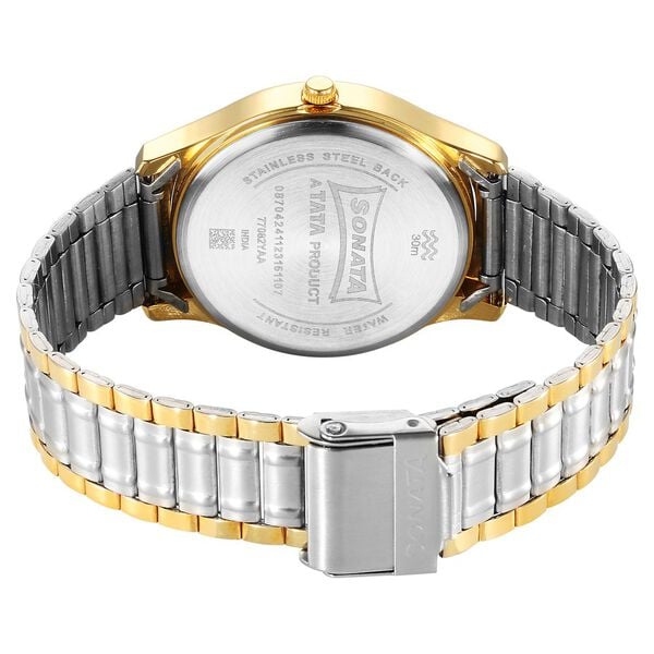 Sonata 77082BM01 Quartz Analog Silver Dial Two-Tone Stainless Steel Strap Watch for Men