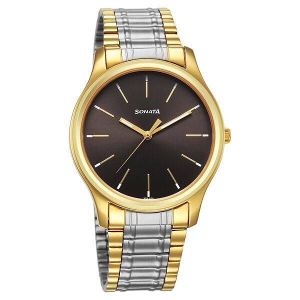 Sonata 77082BM02 Analog Quartz Watch for Men – Grey Dial, Silver Stainless Steel Strap