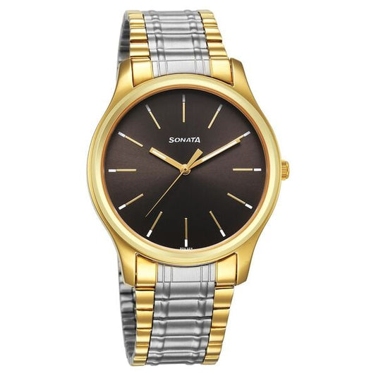 Sonata 77082BM02 Analog Quartz Watch for Men – Grey Dial, Silver Stainless Steel Strap