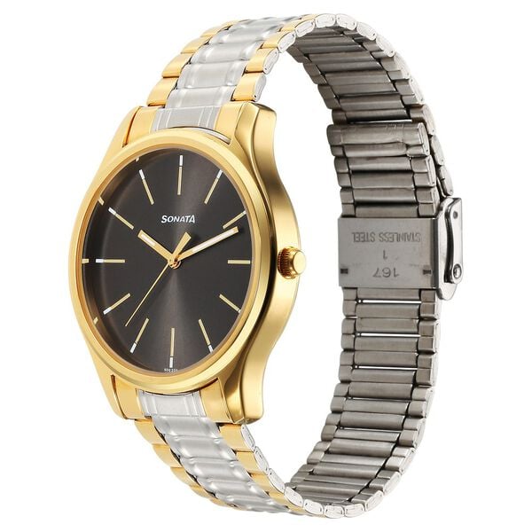 Sonata 77082BM02 Analog Quartz Watch for Men – Grey Dial, Silver Stainless Steel Strap