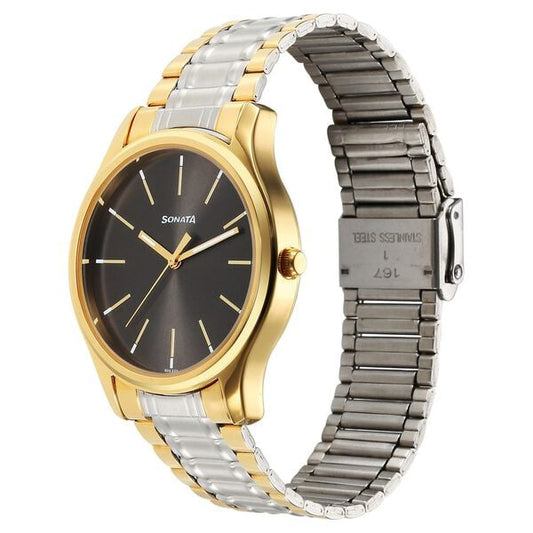Sonata 77082BM02 Analog Quartz Watch for Men – Grey Dial, Silver Stainless Steel Strap