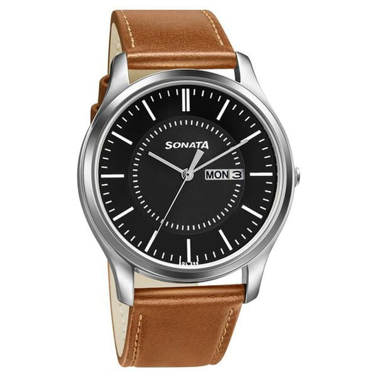 Sonata 77082SL08W Men Quartz Analog Black Dial Brown Leather Strap Watch