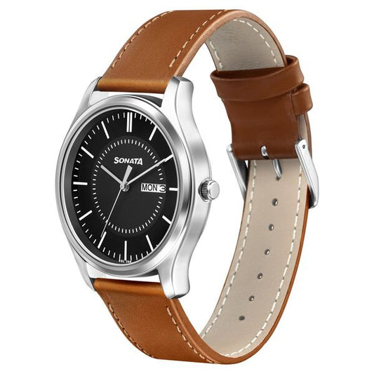 Sonata 77082SL08W Men Quartz Analog Black Dial Brown Leather Strap Watch