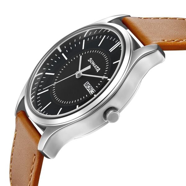Sonata 77082SL08W Men Quartz Analog Black Dial Brown Leather Strap Watch