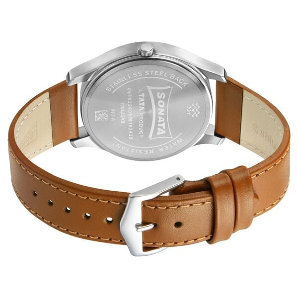 Sonata 77082SL08W Men Quartz Analog Black Dial Brown Leather Strap Watch