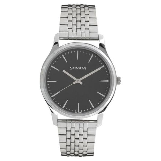 Sonata 77082SM01 Analog Quartz Men Watch with Silver Stainless Steel Strap