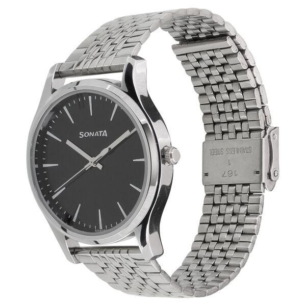 Sonata 77082SM01 Analog Quartz Men Watch with Silver Stainless Steel Strap