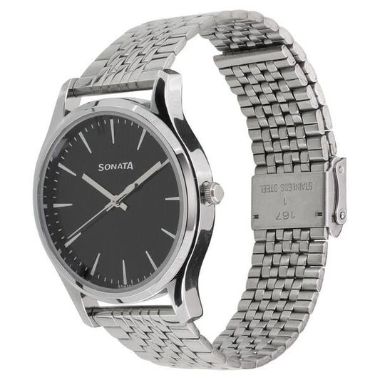 Sonata 77082SM01 Analog Quartz Men Watch with Silver Stainless Steel Strap