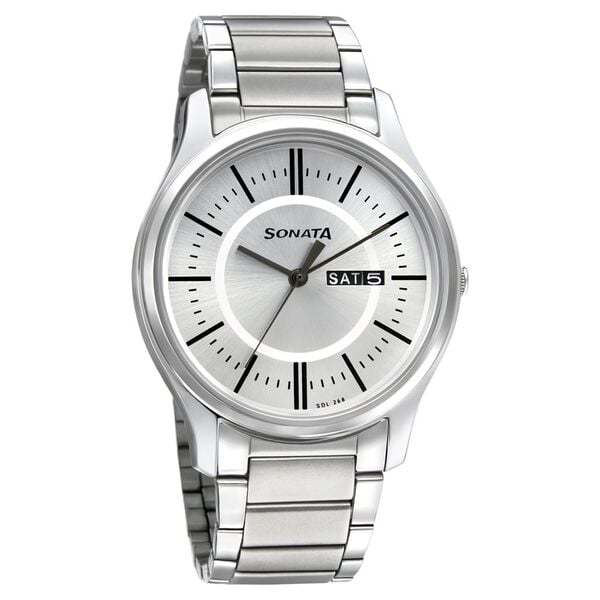 Sonata 77082SM02W Quartz Analog Silver Dial Stainless Steel Strap Watch for Men