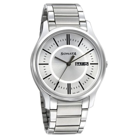 Sonata 77082SM02W Quartz Analog Silver Dial Stainless Steel Strap Watch for Men