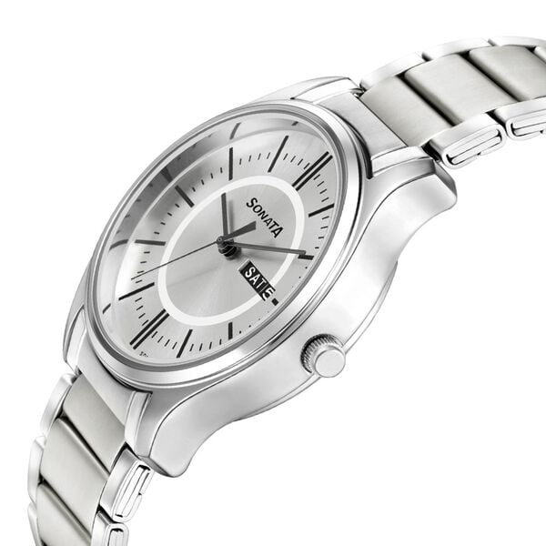 Sonata 77082SM02W Quartz Analog Silver Dial Stainless Steel Strap Watch for Men