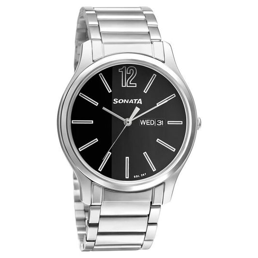 Sonata 77082SM03W Quartz Analog Day & Date Black Dial Stainless Steel Men’s Watch