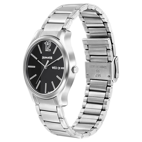 Sonata 77082SM03W Quartz Analog Day & Date Black Dial Stainless Steel Men’s Watch