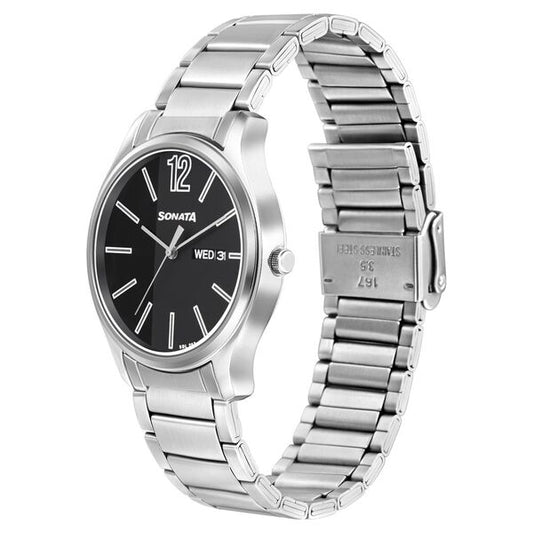 Sonata 77082SM03W Quartz Analog Day & Date Black Dial Stainless Steel Men’s Watch