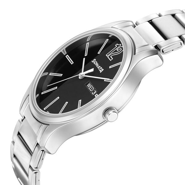 Sonata 77082SM03W Quartz Analog Day & Date Black Dial Stainless Steel Men’s Watch