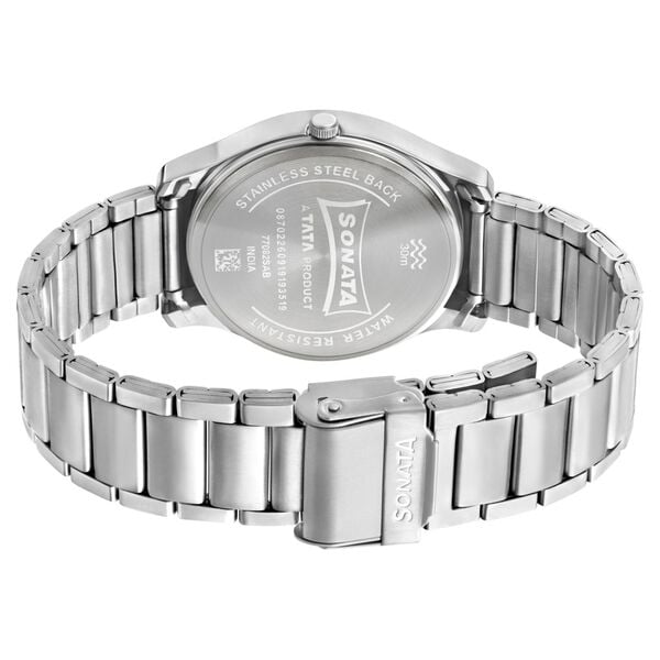 Sonata 77082SM03W Quartz Analog Day & Date Black Dial Stainless Steel Men’s Watch