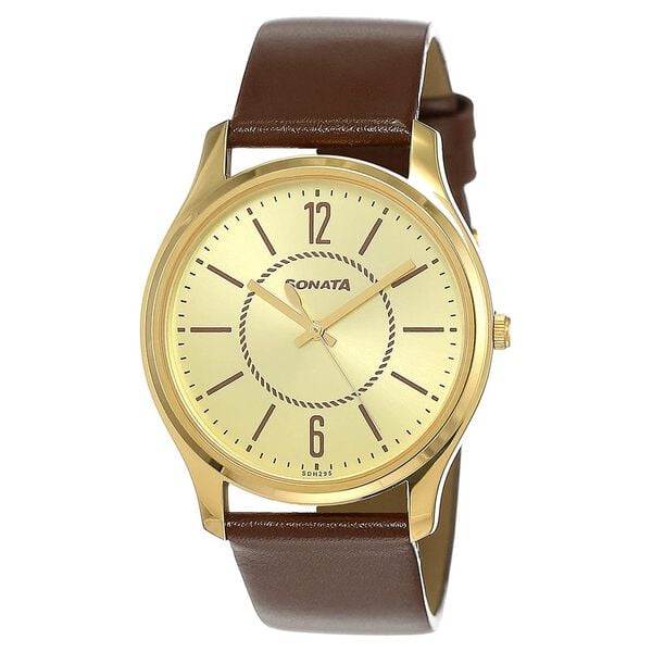 Sonata 77082YL01W Quartz Analog Champagne Dial Men’s Watch with Brown Leather Strap
