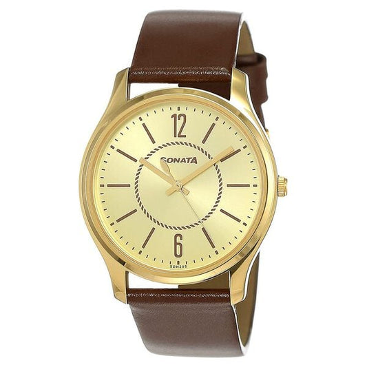 Sonata 77082YL01W Quartz Analog Champagne Dial Men’s Watch with Brown Leather Strap