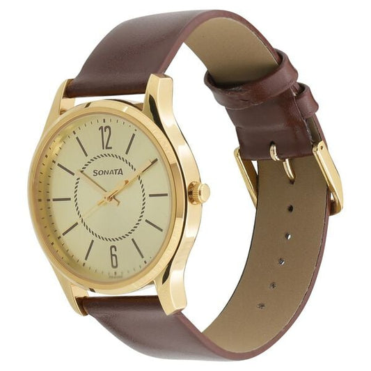 Sonata 77082YL01W Quartz Analog Champagne Dial Men’s Watch with Brown Leather Strap