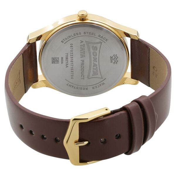 Sonata 77082YL01W Quartz Analog Champagne Dial Men’s Watch with Brown Leather Strap