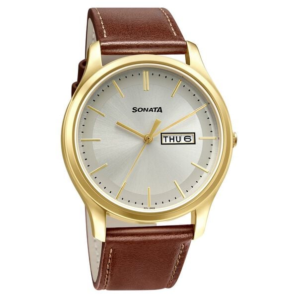 Sonata 77082YL06W Men Quartz Day-Date Champagne Dial Brown Leather Watch