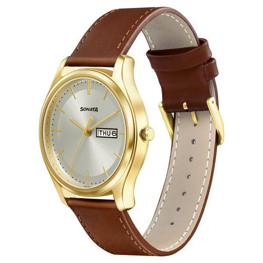 Sonata 77082YL06W Men Quartz Day-Date Champagne Dial Brown Leather Watch
