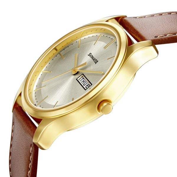 Sonata 77082YL06W Men Quartz Day-Date Champagne Dial Brown Leather Watch