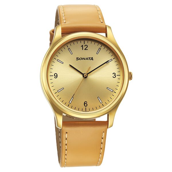 Sonata 77082YL07 Quartz Analog Champagne Dial Leather Strap Watch for Men