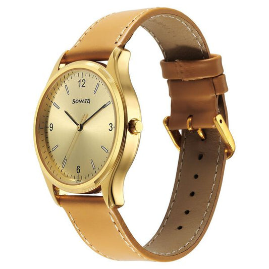 Sonata 77082YL07 Quartz Analog Champagne Dial Leather Strap Watch for Men