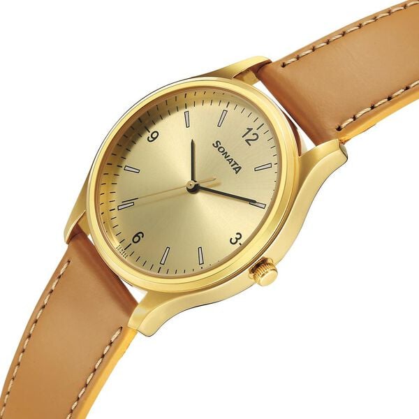 Sonata 77082YL07 Quartz Analog Champagne Dial Leather Strap Watch for Men