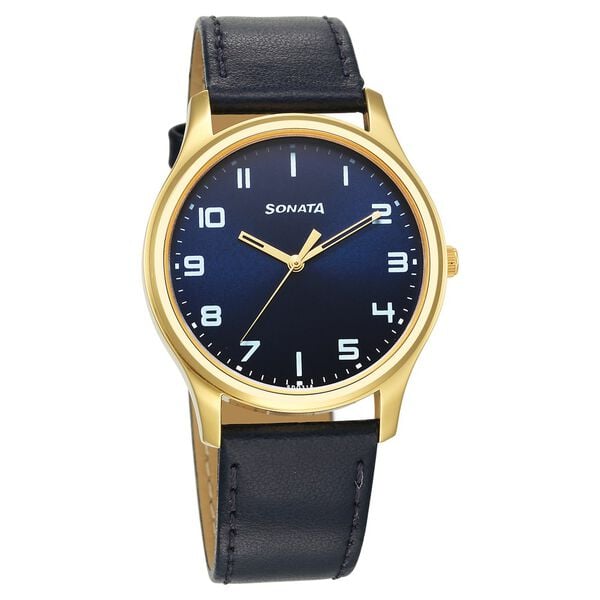 Sonata 77082YL10 Traditional Essentials Quartz Analog Blue Dial Leather Strap Watch for Men