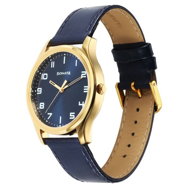 Sonata 77082YL10 Traditional Essentials Quartz Analog Blue Dial Leather Strap Watch for Men