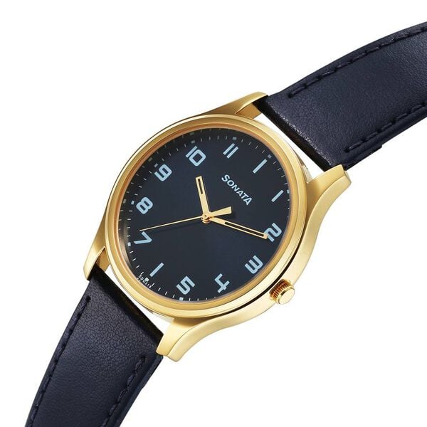 Sonata 77082YL10 Traditional Essentials Quartz Analog Blue Dial Leather Strap Watch for Men