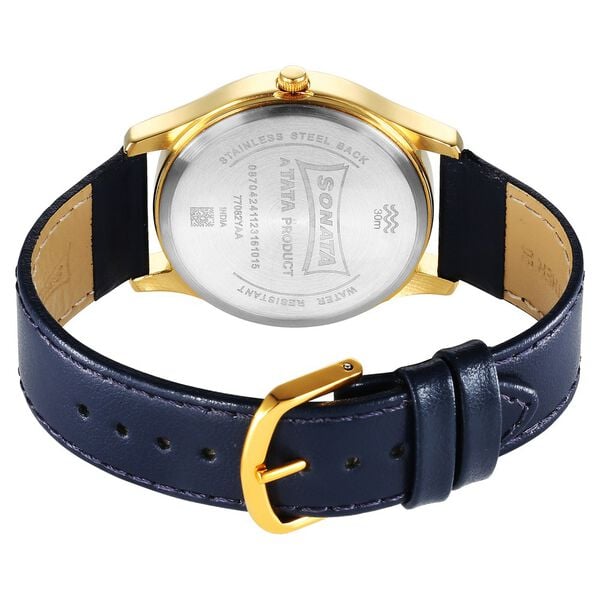 Sonata 77082YL10 Traditional Essentials Quartz Analog Blue Dial Leather Strap Watch for Men
